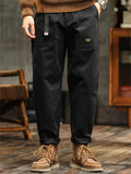 Men's Japanese Style Cotton Solid Color Pockets Straight Cargo Pants with Belt