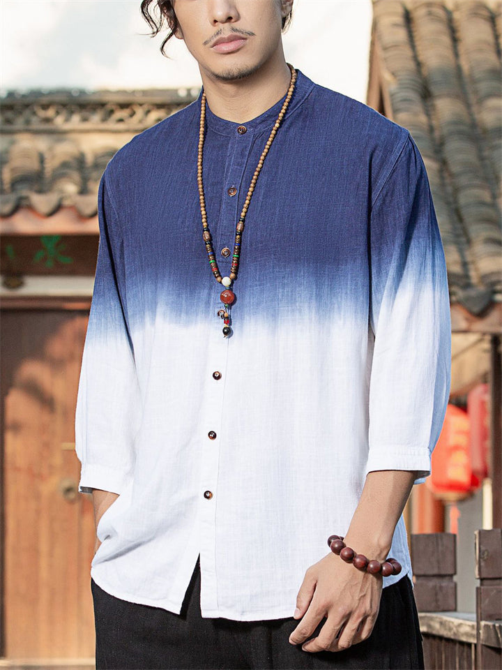 Men's Casual Linen Tie-dye Contrast Color 3/4 Sleeve Shirts
