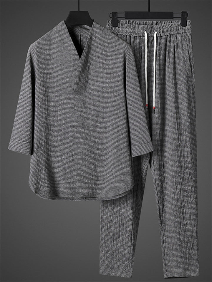 Men's 2Pcs Cool Zen Style Stand Collar Half Sleeve Solid Color Outfits