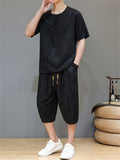 Men's 2Pcs Cool Casual Floral Print Quarter Button Round Neck TangSuit Outfits
