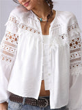 Women's French Style Hollow Lace Cardigan Puff Sleeve Shirt