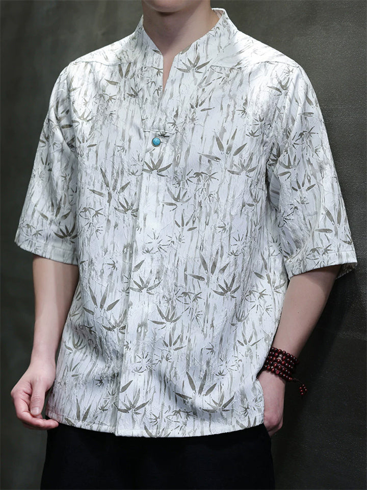 Men Chinese Style Short Sleeve V Neck Bamboo Print Shirt with Button Detail