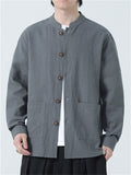 Men's Cotton Linen Mandarin Collar Casual Button Long Sleeve Outwear