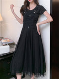 Square Neck Tulle Patchwork Strap Denim Overall Dress For women