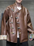 Chinese Style Patchwork Slant Placket PU Tang Suit Jacket for Men