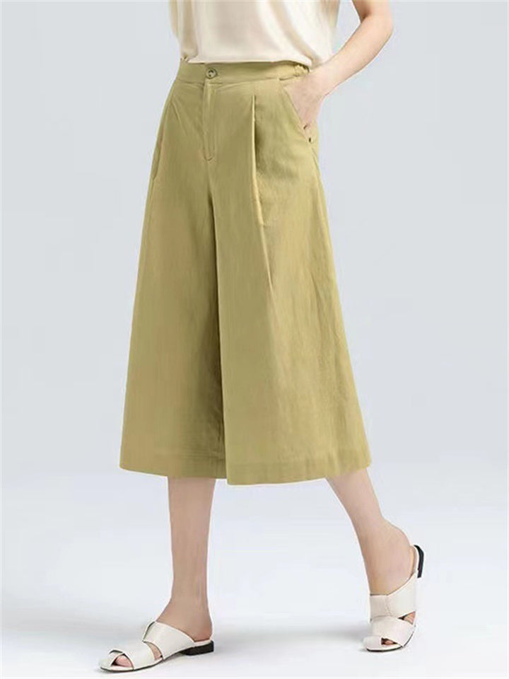 Semi-Elastic Slimming Wide Leg Cropped Pants for Ladies