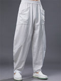 Ramie Loose Front Pockets Elastic Waist Harem Pant  for Men