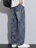 Men's American Retro Casual Spring Autumn Loose Straight Plaid Denim Pants