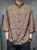 Men's Summer Cool Roses Jacquard Frog Button 3/4 Sleeve Tangsuit Shirts