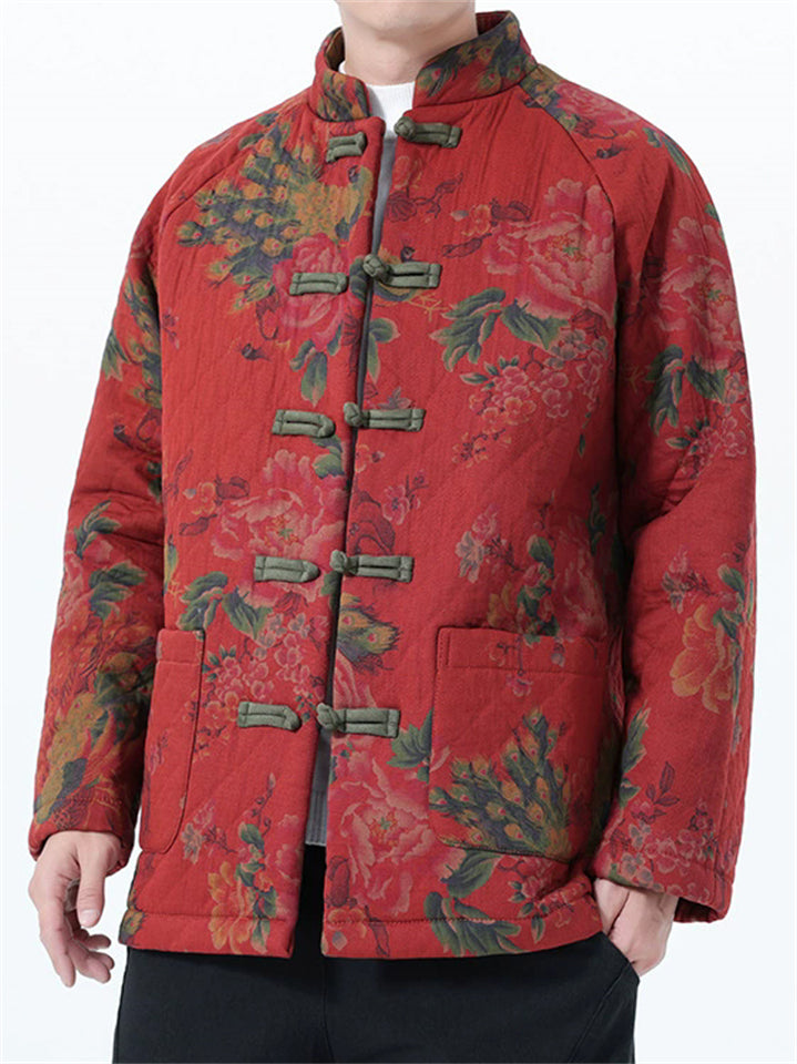 Mens Vintage Chinese Floral Print Quilted Tang Suit Jacket Warm Coat‌s