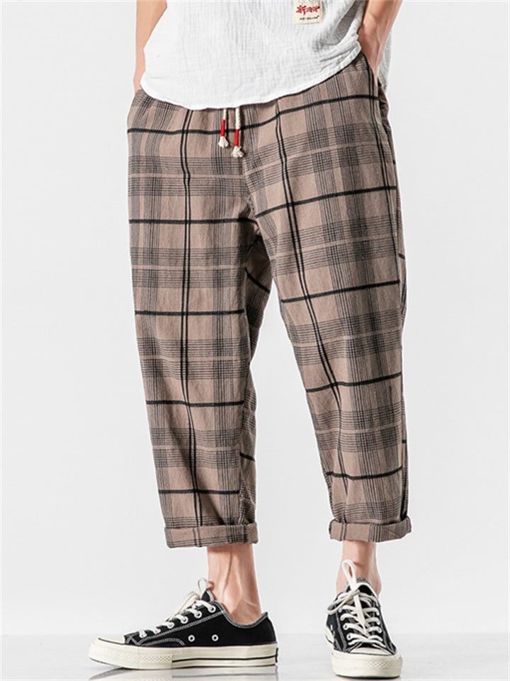 Summer Men's Plaid Casual Cropped Distressed Pants
