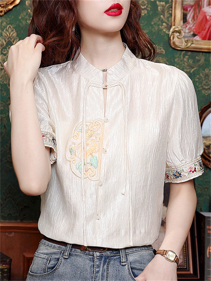 Chinese Style Elegant Embroidery Stand Collar Short Sleeve Shirt for Women