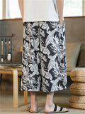 Men's Casual Plants Print Drawstring Beach Capri Pants