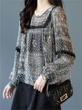 Women's Loose Black Print O-Neck Lace Trim Chiffon Shirt