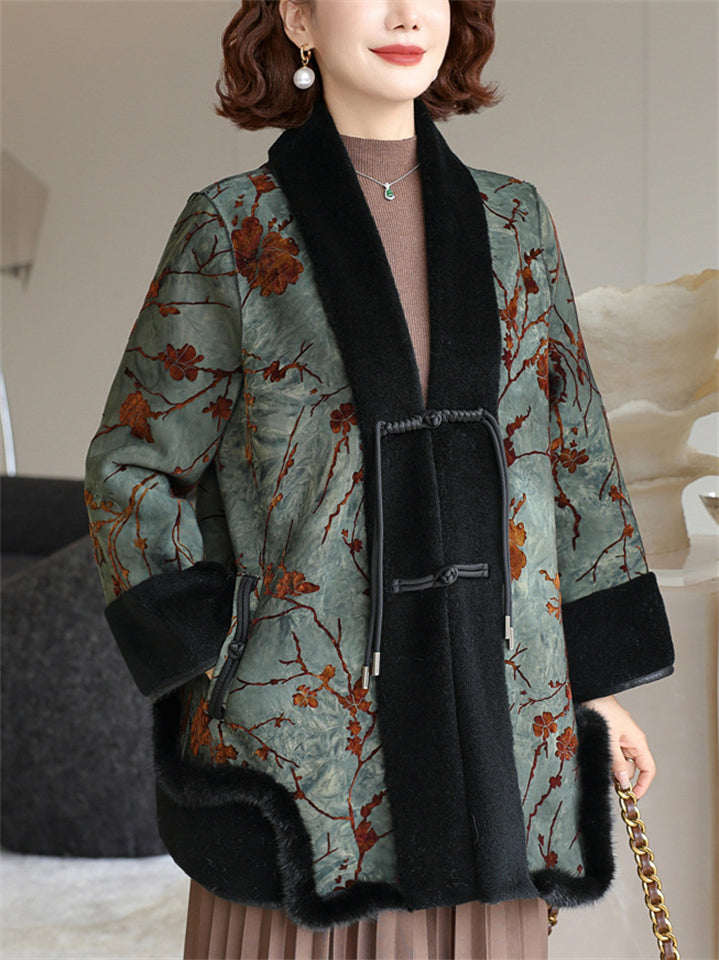 Chinese Style Winter Mink Fur Patchwork Print Coat for Women
