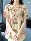 Women's Loose Print Short Sleeve Slant Placket Knit Shirts