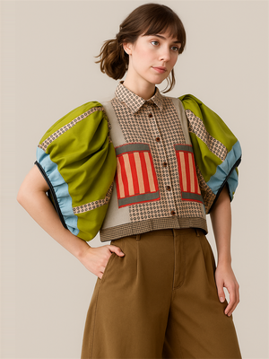 Cute Patchwork Button Up Top with Pockets