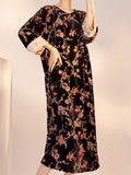 Chinese Style 3/4 Sleeve Retro Jacquard Beads Split Dress for Women