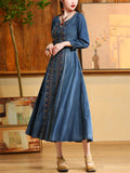 Women's Retro Hand-Embroidered Blue Denim A-Line Dress