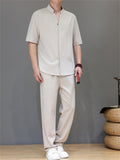 Men's 2Pcs Comfy Stand Collar V Neck Short Sleeve Solid Color Outfits