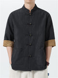 Chinese Style Men's Texture Stand Collar Half Sleeve Shirts