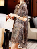 Summer V-neck Retro Printed Short-sleeve Beaded Shirt For Women
