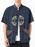 Chinese Style Men's Fuzi Embroidery Stand Collar Half Sleeve Shirts