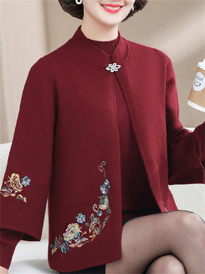 Womens 2Pcs Flower Crochet Cardigan Jacket & Solid Color Sweater Set