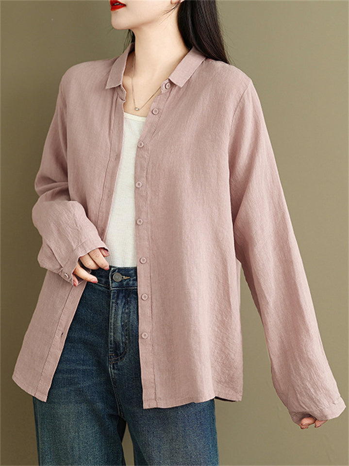 Women's Comfy Solid Color Loose Button Up Long Sleeve Shirt