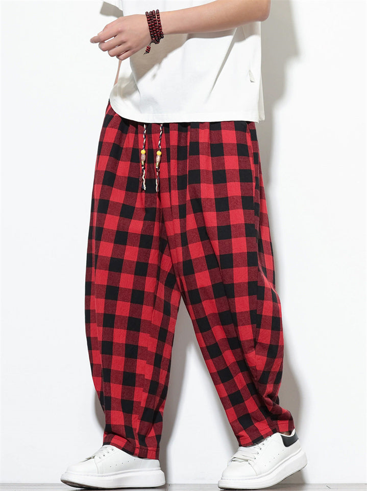 Mens Plaid Checkered Wide Leg Baggy Harem Pants