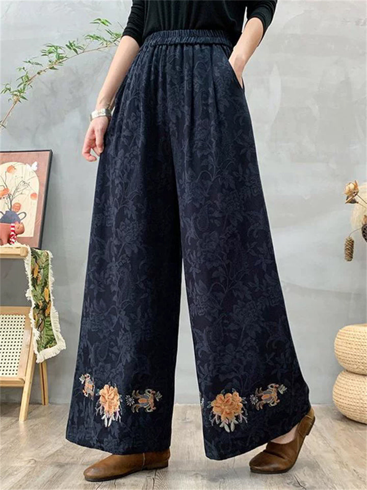 Women's Elegant Ethnic Style Heavy Industry Embroidery Wide Leg Pants