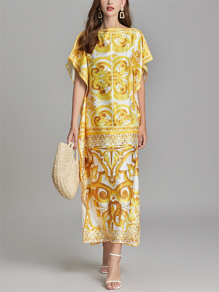 Women's Stylish Batwing Sleeve Gold Color Holiday Dress