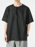Chinese Style Comfy Solid Color Linen Short Sleeve Shirt