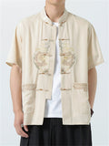 Men's Vintage Chinese Loong Print Frog Button Short Sleeve Tang Suit Shirts
