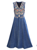 Women's V-neck Sleeveless Floral Embroidery Denim Split Tank Dress
