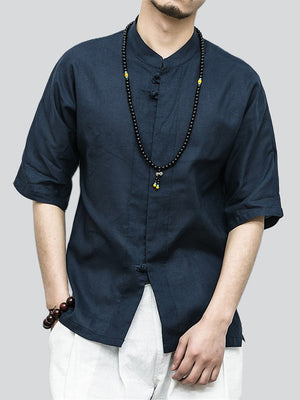 Men's Summer Vacation Stand Collar Button Short Sleeve Linen Shirt