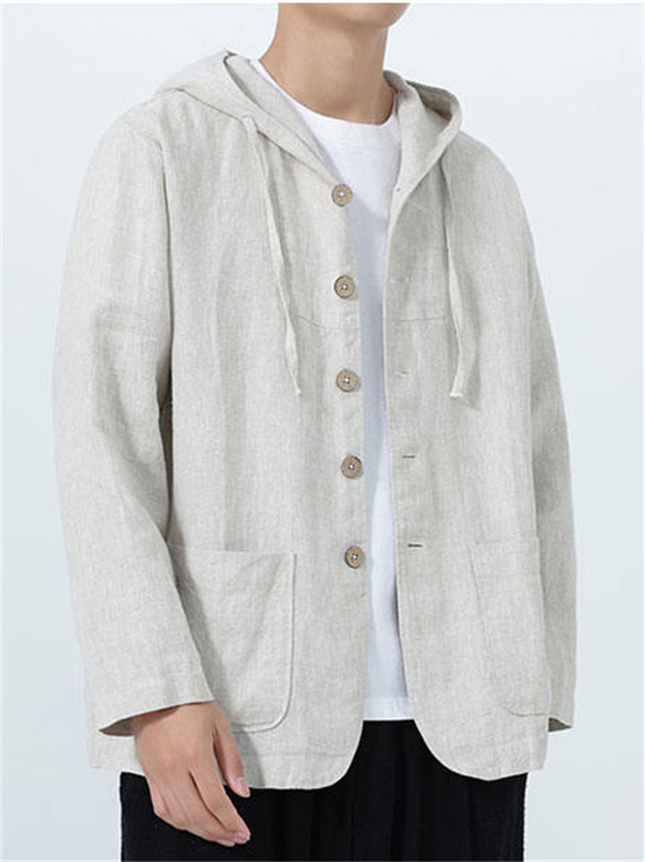 Men's Autumn Casual Solid Color Linen Hooded Long Sleeve Jackets