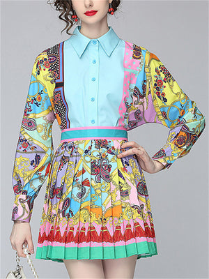 Women's 2Pcs Blue Contrast Color Print Lapel Shirt & Pleated Skirt Set