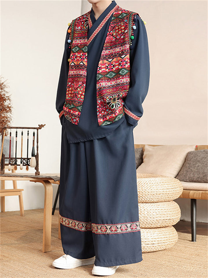 Mens Spring Loose Fit Chinese Ethnic Style Print Set of 3 Traditional Outfit