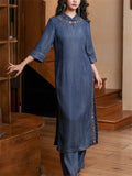 Women Ethnic Medium Long Sleeves Denim Cheongsam Style Top and Elastic Waist Pant Set