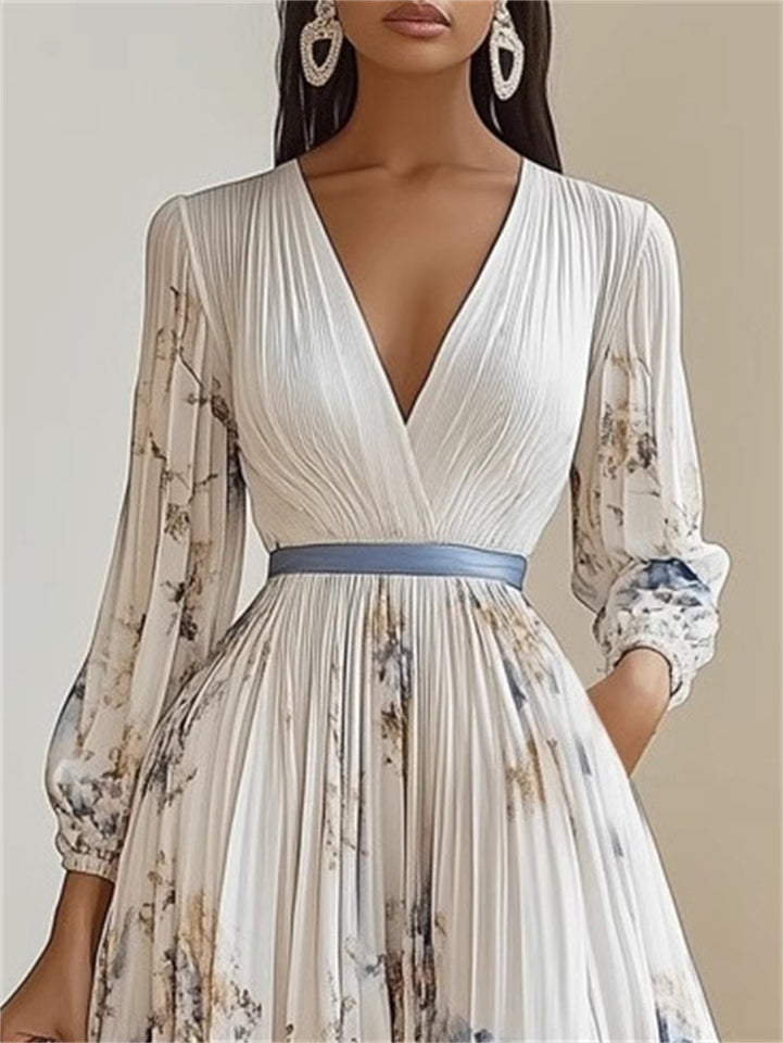 Women's Elegant White V-Neck Print Holiday Style Pleated Dress