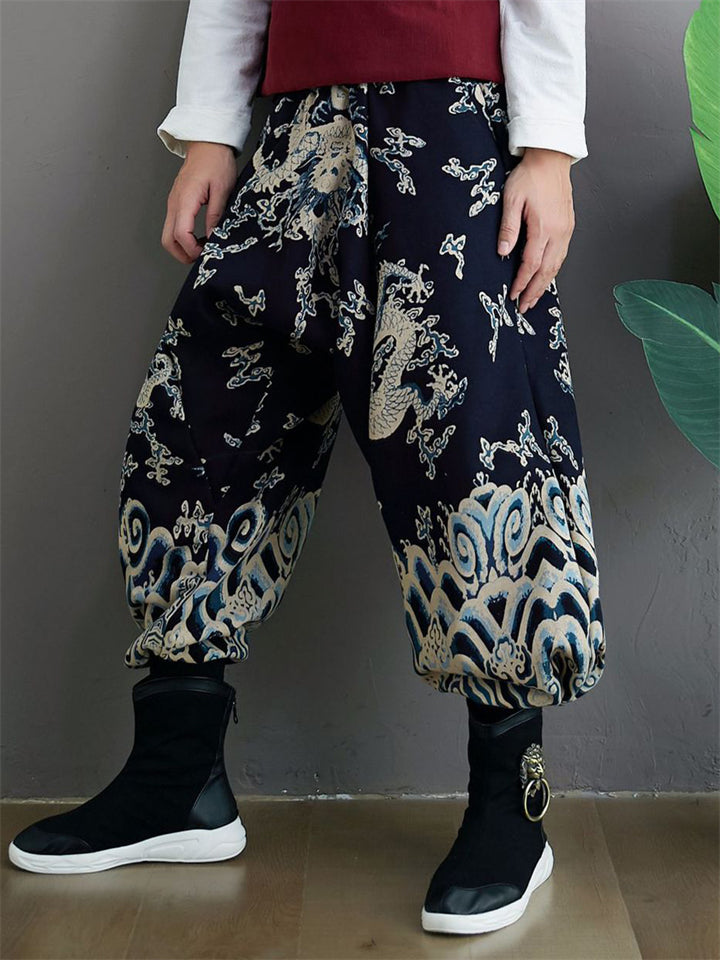 Thicken Men's Chinese Loong Print Elastic Waist Drop Crotch Pants
