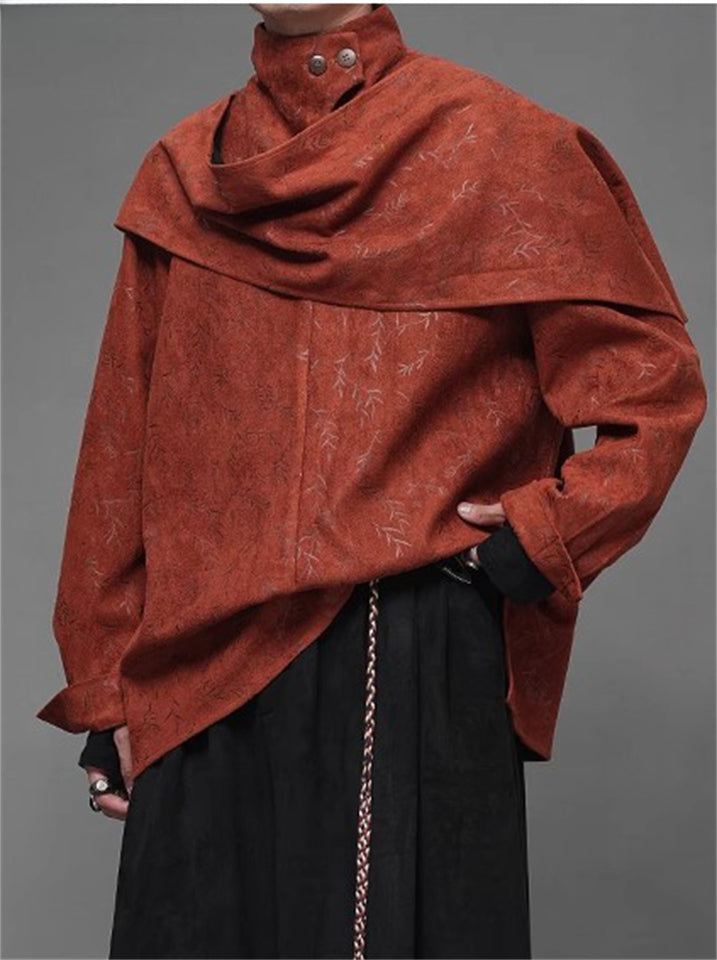 Retro Brown Print Faux Suede Long Sleeve Scarf Shirt for Men