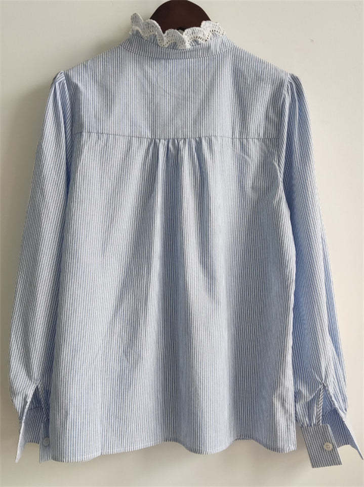 Women's Elegant Autumn Cotton Striped Hollow Stand Collar Long Sleeve Shirts