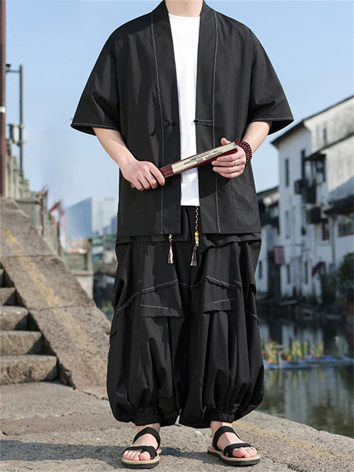 Oriental Style Cardigan Top and Wide Leg Pleated Pants Set for Men