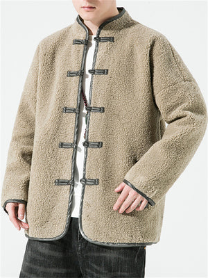 Men's Fashion Button Stand Collar Faux Lamb Wool Jackets