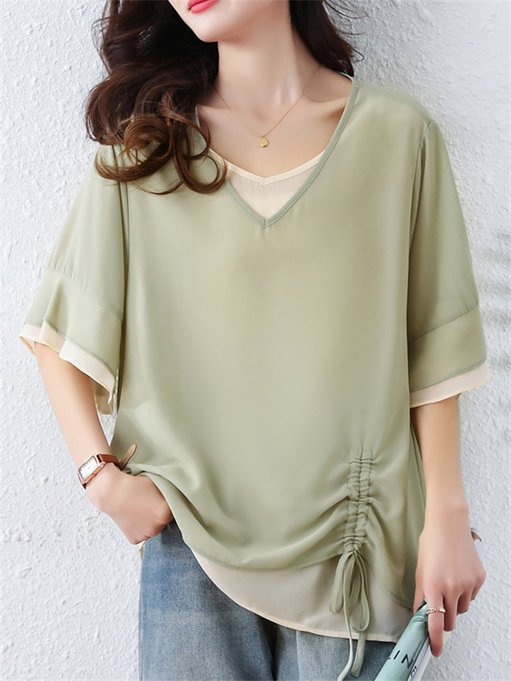 Women's Casual Contrast Color Patchwork Half Sleeve Shirt