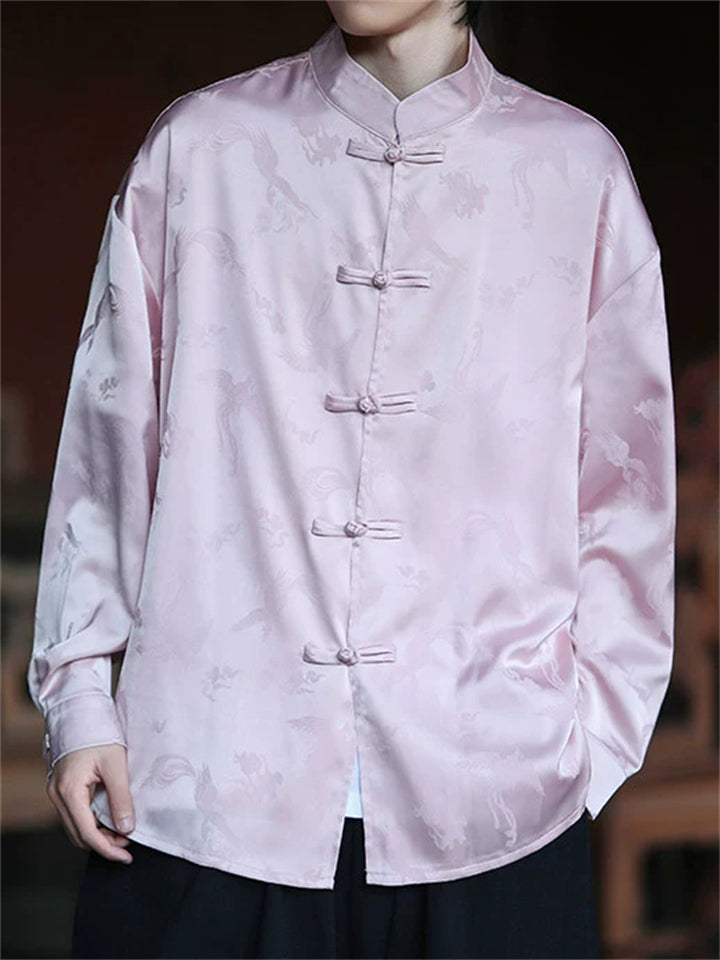 Men's Chinese Style Brocade Phoenix Jacquard Loose Fit Long Sleeve Shirts