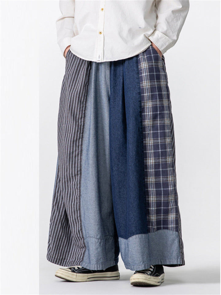 Men's Casual Plaid Stripe Patchwork Wide Leg Cropped Pants