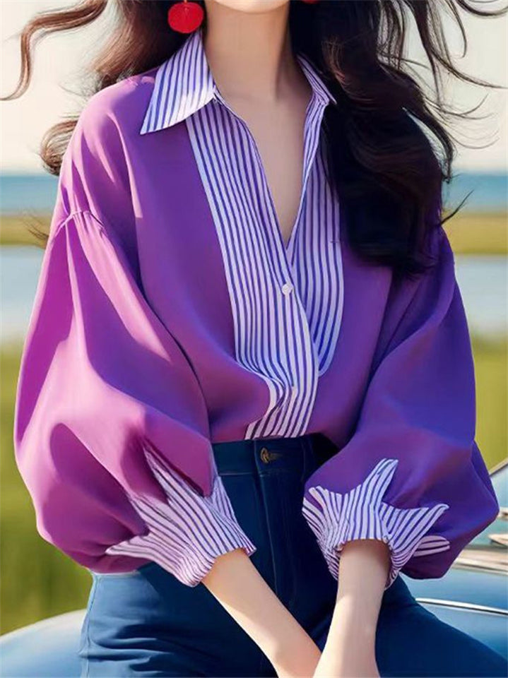 Women's Purple Striped Patchwork Lapel Lantern Long Sleeve Shirts